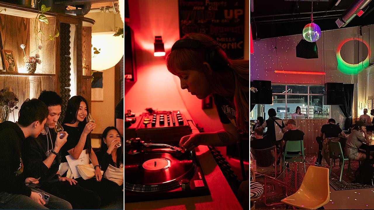 default-145 3 side-by-side images, left to right: a group of people sipping drinks in a bar; a DJ standing over a vinyl turntable; interior of a bar with people sitting at tables.