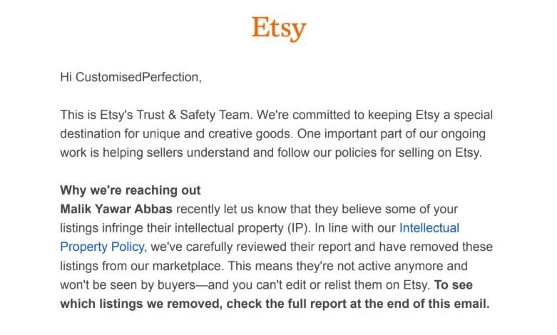 default-61 A screenshot of an email from etsy notifying a business that some of their listings were taken down from a site.